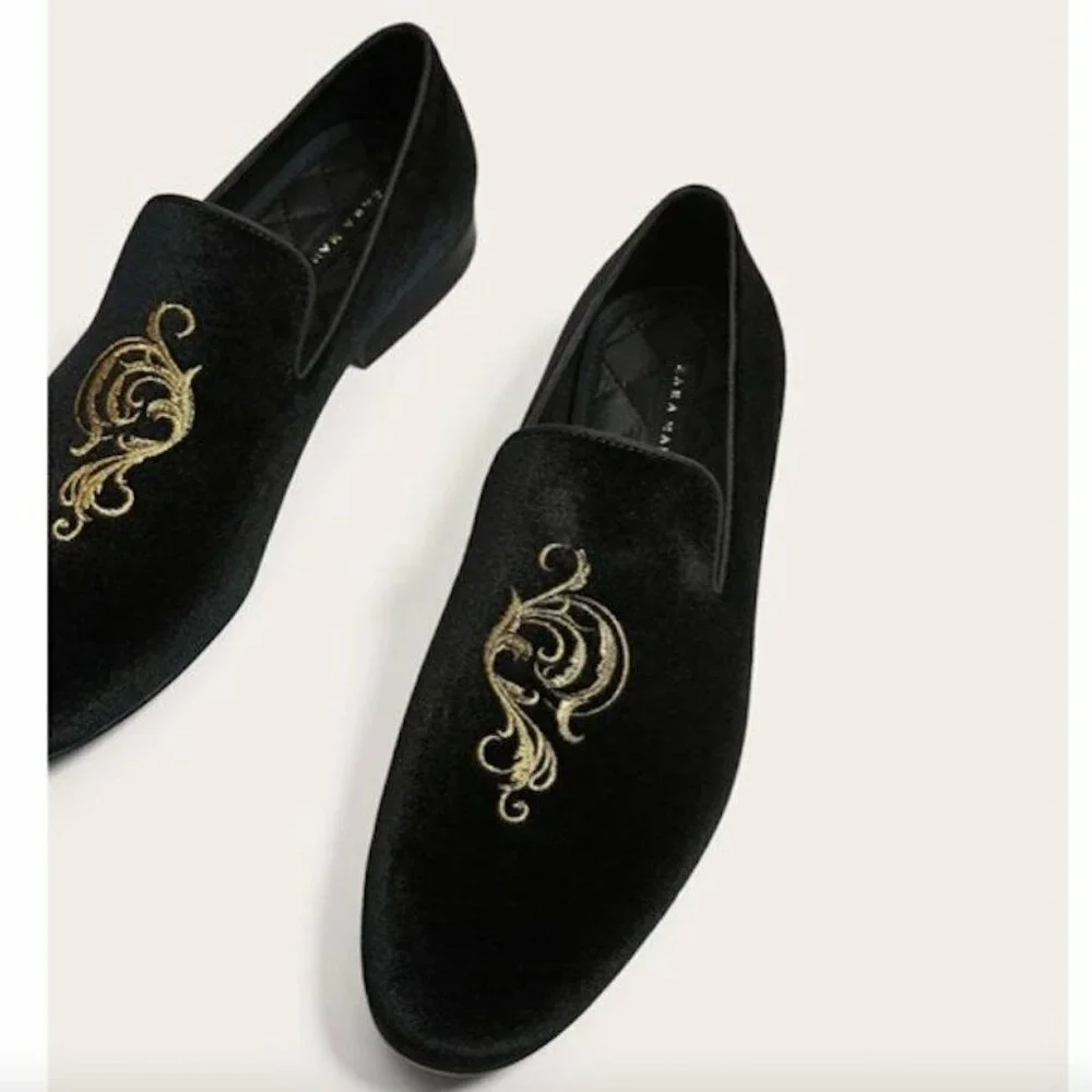 NWOB Zara Velvet Embroidered Smoking Loafers
